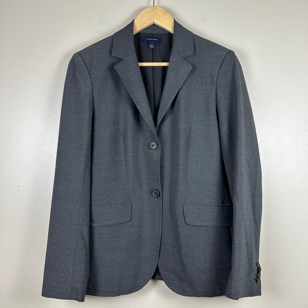 Lands' End Women's 8 Blazer Gray Wool Blend Two Button Professional Jacket